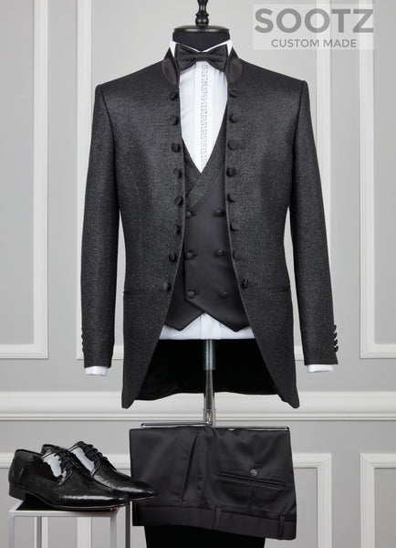 Black Mandarin Collar Suit Set - Open Button – SOOTZ Clothing Inc.